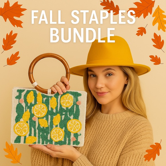Fall Staples Bundle | Golden Mustard Fedora + Beaded Lemon Tote Statement Set - Picture 1 of 6